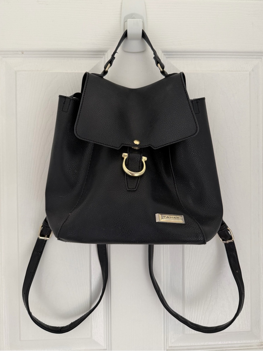 Tahari Black Pebbled Faux Leather Flap-Top Backpack Gold Horse Shoe Hardware